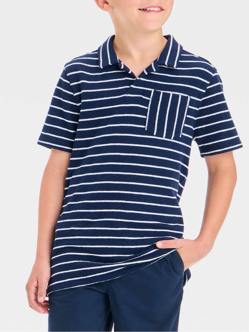 Cat & Jack Boys Short Sleeve Terry Cloth Collar Shirt Navy White Stripe M 8 NEW
